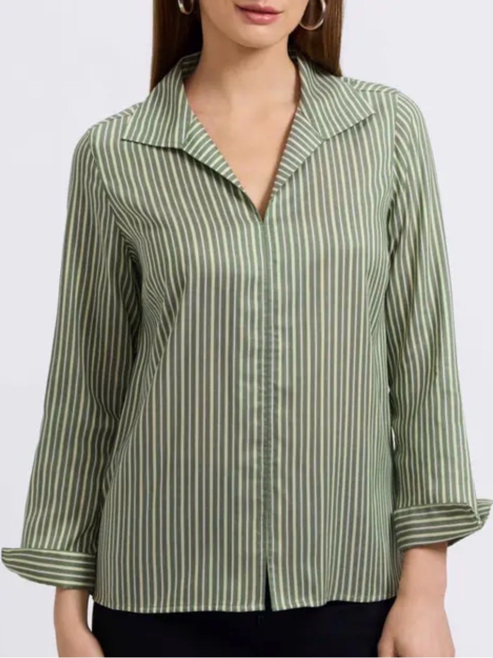 Foxcroft Wrinkle Free Shaped Fit Green & White Striped Button-Up Shirt - Size 8P